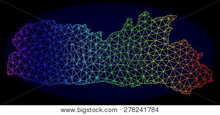 Spectrum Colored Mesh Vector Map Of Meghalaya State Isolated On A Dark Blue Background. Abstract Lin
