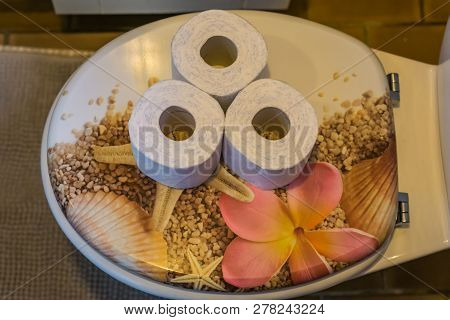 White Toilet Paper Rolls On A Water Closet Seat, Bathroom Interior, Sanitary Background