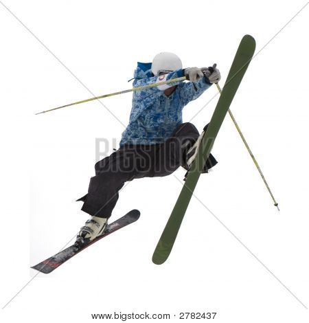 Freestyle. Schnee Ski Jumping Over White.