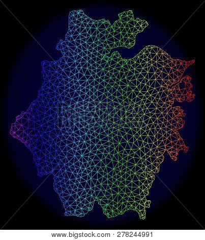 Rainbow Colored Mesh Vector Map Of Zhejiang Province Isolated On A Dark Blue Background. Abstract Li