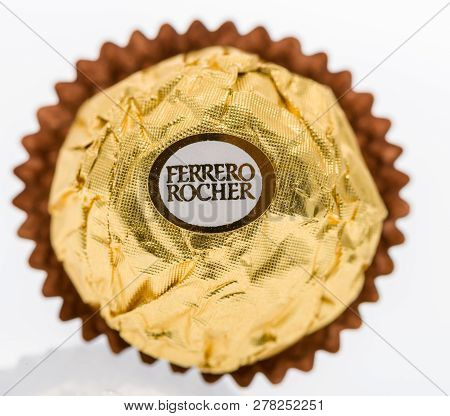 Winneconne, Wi - 11 January 2019:  A Close Up Image Of Ferrero Rocher Chocolate Candy On An Isolated