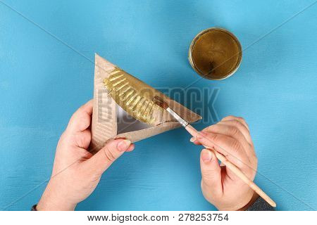Purim. Diy Cookies Hamantaschen Of Cardboard Plates With Sweet Surprise Inside On Blue Background. G