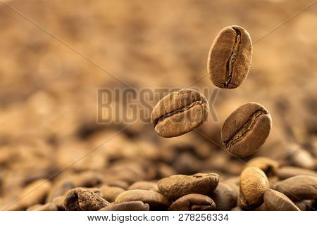Flying Fresh Coffee Beans As A Background With Copy Space. Coffee Beans Falling Down