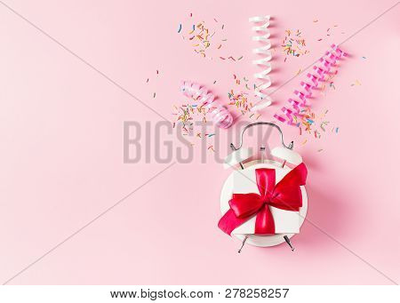 Valentines Day Concept Pastel Minimalis, Time To Gift On Pink Background, Top View, Copy Space