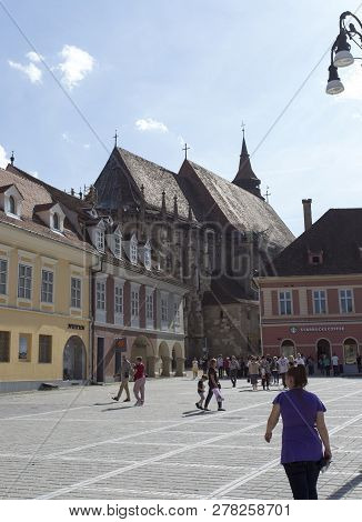 Brasov, Romania - April 28, 2018: Brasov Street View, Many Tourists