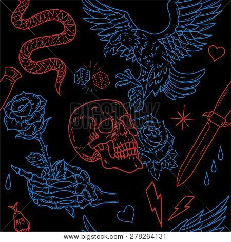 Vintage Set Pattern Seamless Print Illustration Neon Old School Trendy Graphic Design T Shirt Tee Sw