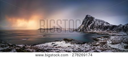 Panorama Of Offersoykammen In Stormy Weather At Flaget Bay, Lofoten