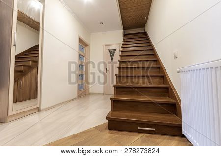 Modern Architecture Interior With Elegant Luxury Hallway With Glossy Wooden Staps Stairs In Modern S