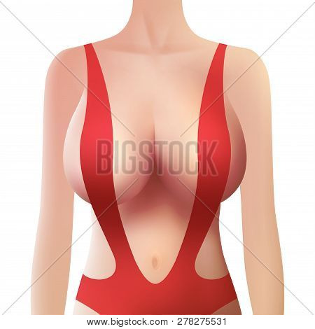 Beautiful Young Woman With Large Breast And Creative Defiant Red Clothing - Vector Realistic Illustr