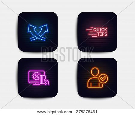 Neon Glow Lights. Set Of Online Shopping, Education And Intersection Arrows Icons. Identity Confirme