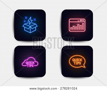 Neon Set Of Quick Tips, Marketing Statistics And Creative Idea Icons. Quickstart Guide Sign. Helpful