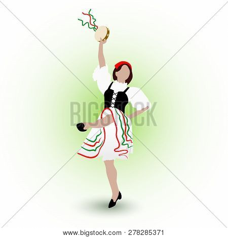 A Young Girl Dressed In A National Costume Dancing An Italian Tarantella With A Tambourine
