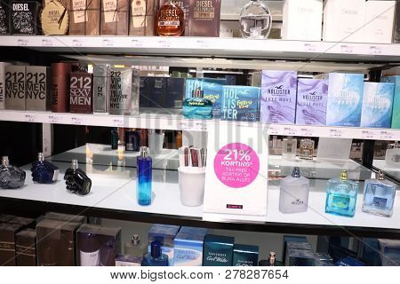 Haarlem, The Netherlands - July 8th 2018: Mens Fragrances On Display In A Luxurious Perfume Shop
