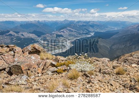 Southern Alps Peaks With Wairau River Near Nelson Lakes National Park In New Zealand