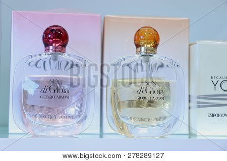 Haarlem, The Netherlands - October 6th 2018: Giorgio Armani Fragrances On Display In A Luxurious Dep