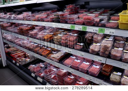 Ijmuiden, The Netherlands, October 17th 2018: Different Sorts Of Packaged Meats In A Supermarket Fri