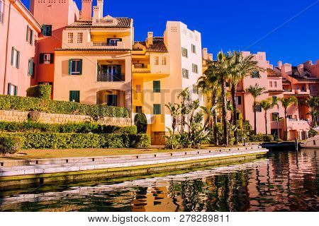 Port Of Sotogrande. Port, Sea, Yachts And Colorful Houses. Sotogrande, Costa Del Sol, Andalusia, Spa