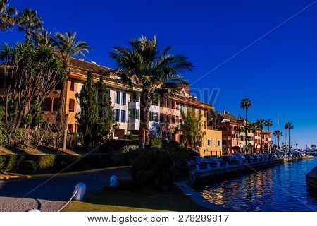 Port Of Sotogrande. Port, Sea, Yachts And Colorful Houses. Sotogrande, Costa Del Sol, Andalusia, Spa