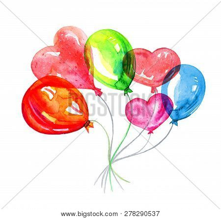 Colorful Balloons. Bkue, Red, Green Round And Heart Shape Helium Balloons. Hand Drawn Watercolor Ske
