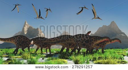 Dicraeosaurus Dinosaur Herd 3d Illustration - A Flock Of Pteranodon Reptiles Fly Over A Herd Of Dicr