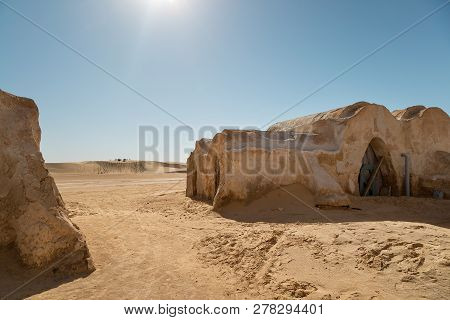 Tozeur, Tunisia - May 17, 2017: Houses From Planet Tatouine, Movie Set For Star Wars Movie. Tourists