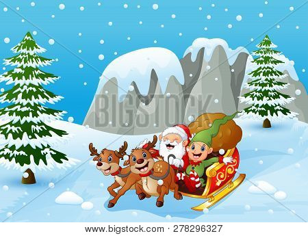 Vector Illustration Of Santa Claus And Elf Sliding In The Snowing Hill
