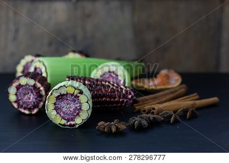 Fresh Purple Corn Fruit Isolate On White Cut Haff