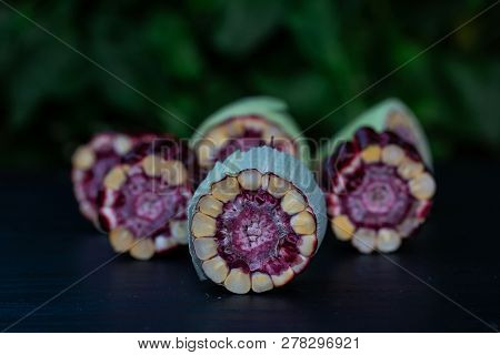Fresh Purple Corn Fruit Isolate On White Cut Haff