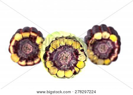Fresh Purple Corn Fruit Isolate On White Cut Haff