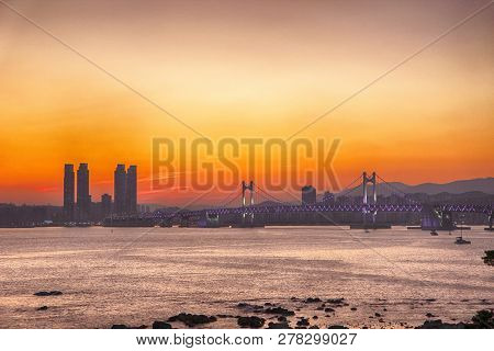 Sunset Of Winter Haeundae Beach, Busan , South Korea, Asia