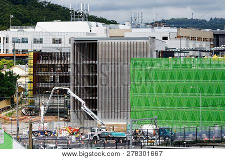 Gosford, New South Wales, Australia - December 18, 2018: Pumping Concrete With Safety Netting  Parti