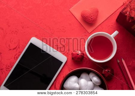 Valentine's Day Holiday Celebration Background, Cup Of Juice And Gift Box.