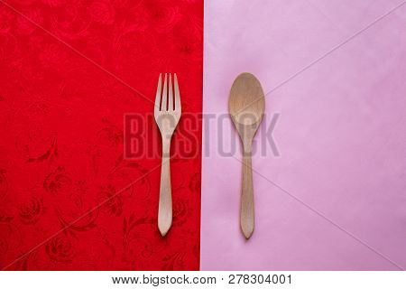Couple Of Love, Spoon, Fork On Pink And Red Tablecloth Texture Background, Valentine's Day Holiday C