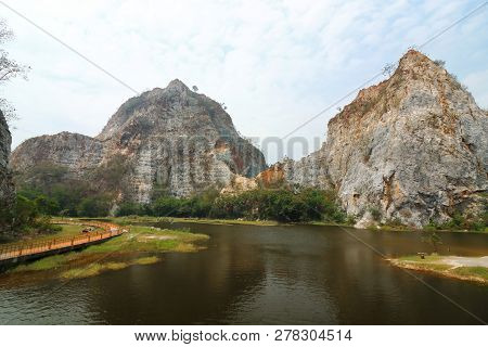 Beautiful Rocky Mountain With Water Lake Of Khao Ngu Stone Park , Ratchaburi , Thailand.