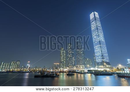 Skyline Of Midtown Of Hong Kong City At Night