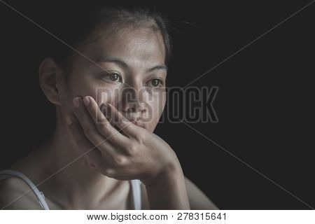 Teenage Girls With Problems, Sad Depressed Woman Suffering From Family Life. Women Sitting In Dark R