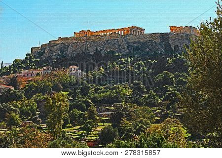 Stylized Image Of The Parthenon On The Acropolis In Athens, Greece With A Blue Sky Copy Space And A 