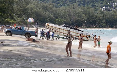 Kata Beach, Phuket, Thailand - June 15, 2018: Launching Of Speedboad On Kata Beach, Phuket