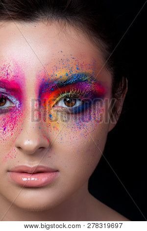 Close Up View Of Female Face With Bright Multicolored Fashion Makeup. Holi Indian Color Festival Ins