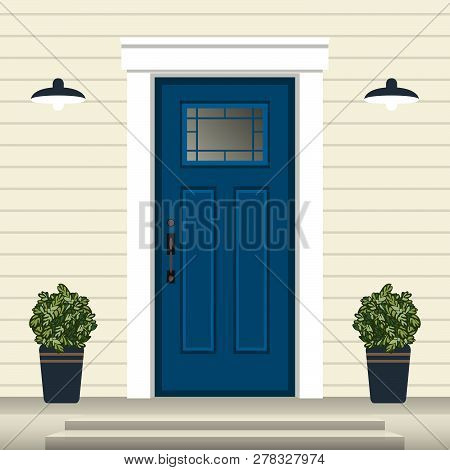 House Door Front With Doorstep And Steps, Window, Lamp, Flowers In Pot, Building Entry Facade, Exter