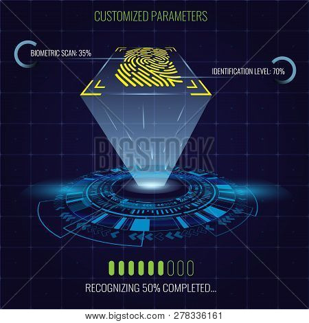 Digital Fingerprint Identification System With Lighting And Circle Hud Element. Vector Illustration.