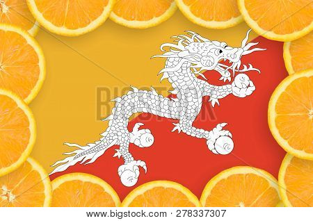 Bhutan Flag  In Fresh Citrus Fruit Slices Frame