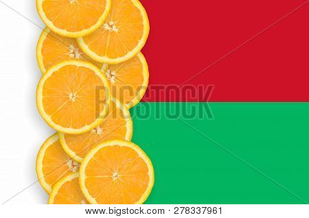 Madagascar Flag And Citrus Fruit Slices Vertical Row