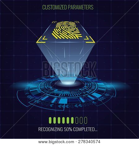 Digital Fingerprint Identification System With Lighting And Circle Hud Element. Vector Illustration.
