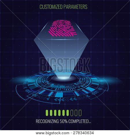 Digital Fingerprint Identification System With Lighting And Circle Hud Element. Vector Illustration.