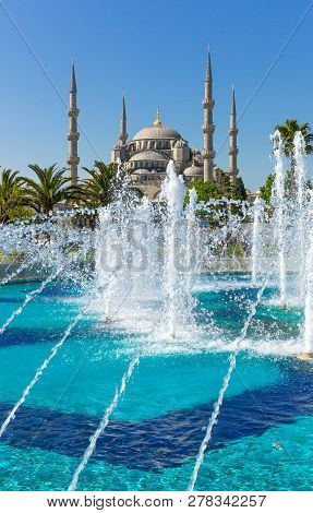 Istanbul, The Sultan Ahmed Mosque (blue Mosque) Seen From The Sultanahmed Square Fountain