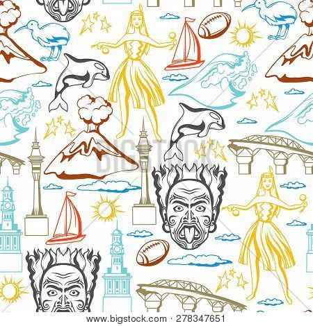 New Zealand Seamless Pattern. Oceanian Traditional Symbols And Attractions.