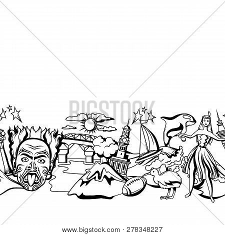 New Zealand Seamless Pattern. Oceanian Traditional Symbols And Attractions.