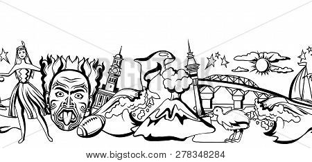 New Zealand Seamless Pattern. Oceanian Traditional Symbols And Attractions.