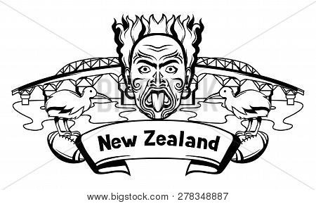 New Zealand Print Design. Oceanian Traditional Symbols And Attractions.